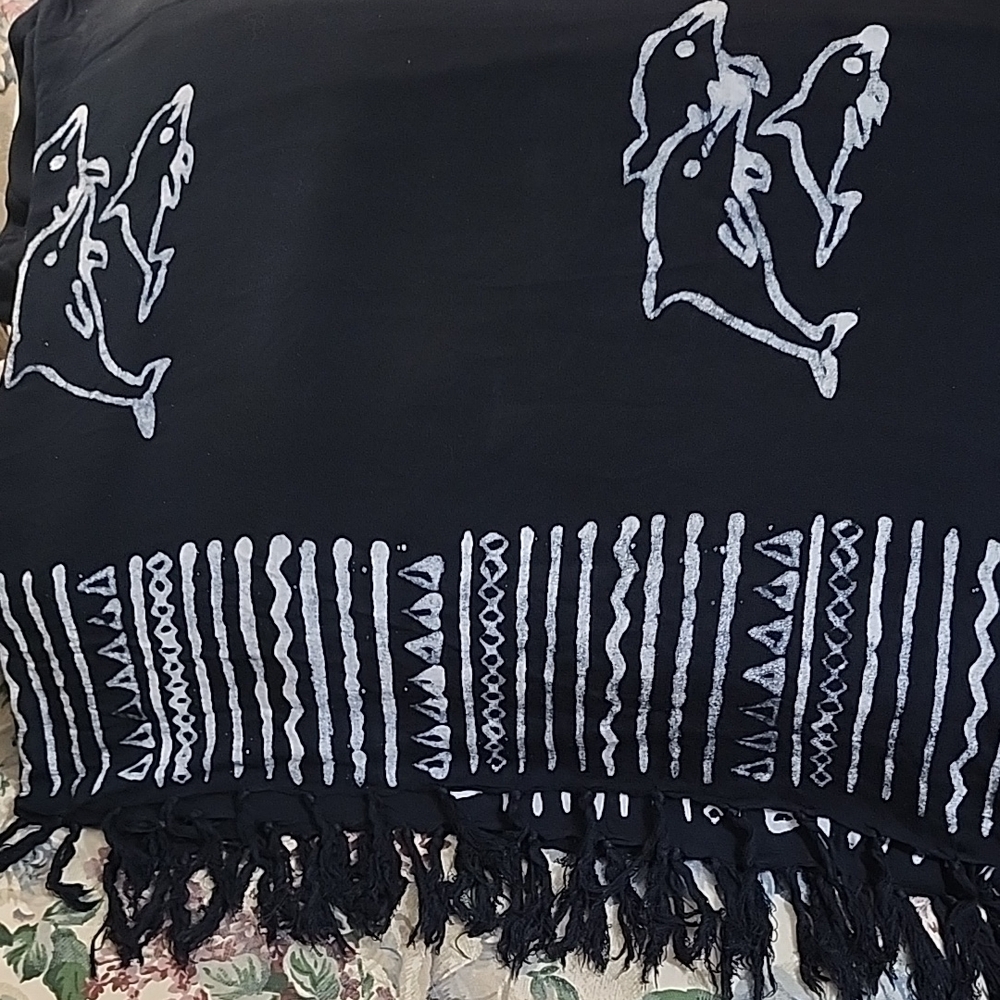 Beautiful Large Black Scarf with White Dolphin Print Design With Fringe